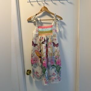 Floral Butterfly Sundress with Smocked Bodice - White/Pink